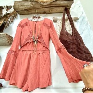Sweet Boho Gypsy crochet romper in beautiful antique rose colour w bell sleeves